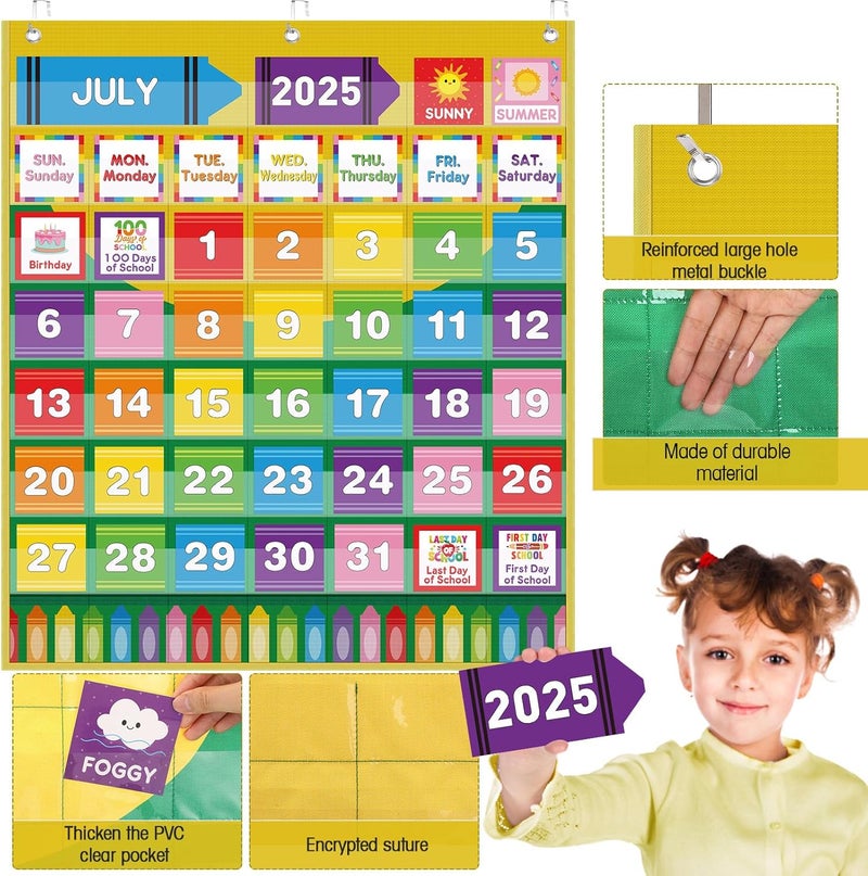 Sinload Classroom Calendar Pocket Chart Set Calendar Bulletin Board Set Seasons Festival Weather Pocket Chart for Classroom Decoration Back to School Supplies(Crayon) - Image 4